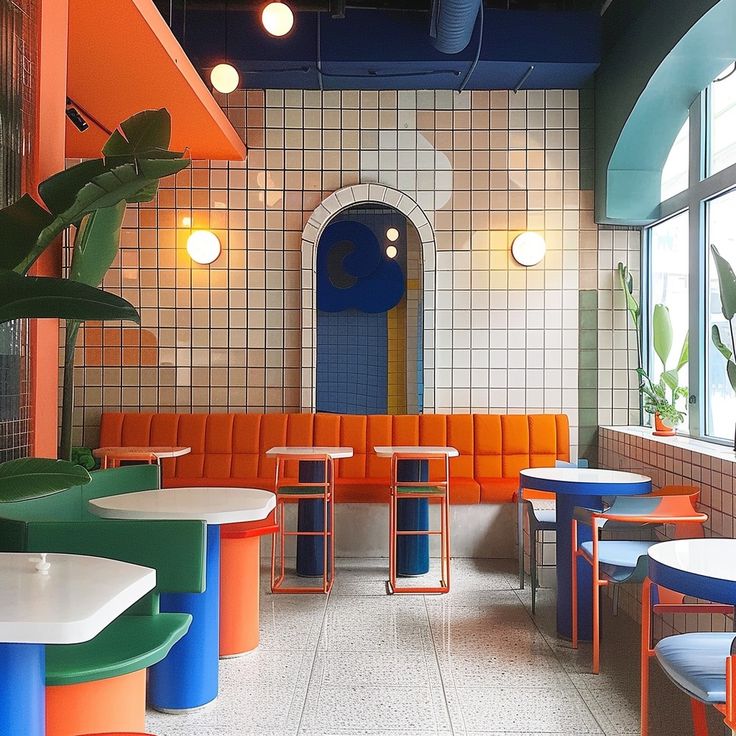 Lively Cafe Design Blends Bold Colors, Geometric Shapes, and Natural Elements for a Cheerful Ambiance