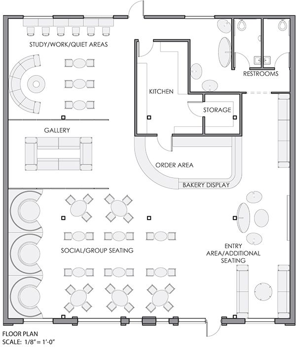 Well-Designed Cafe Floor Plan: Functional Zones for Study, Relaxation, and Community