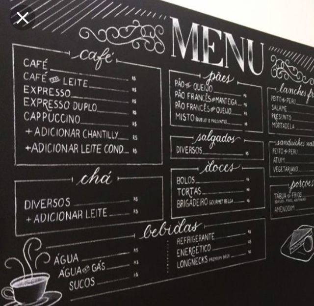 Chic Chalkboard Cafe Menu: Inviting Handwritten Design with Organized Sections for Food and Drinks