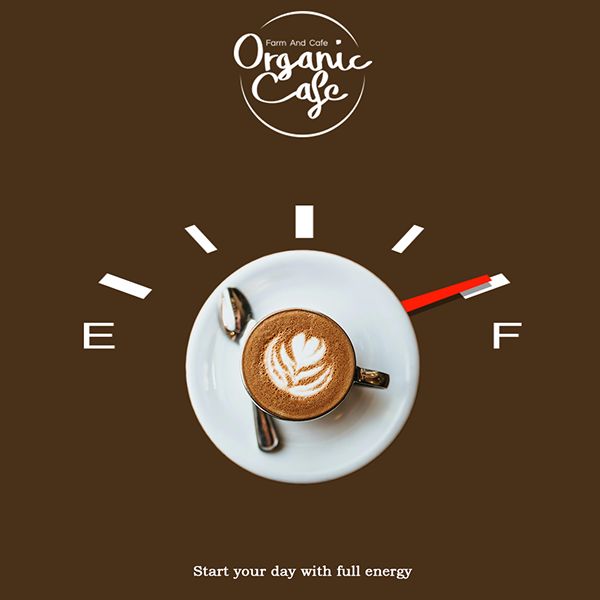 Inviting Coffee Cup Design with Latte Art and Creative Energy Gauge for Organic Cafe