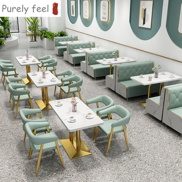 Modern Elegant Cafe Design: Inviting Space with Soft Greens, Whites, and Gold Accents