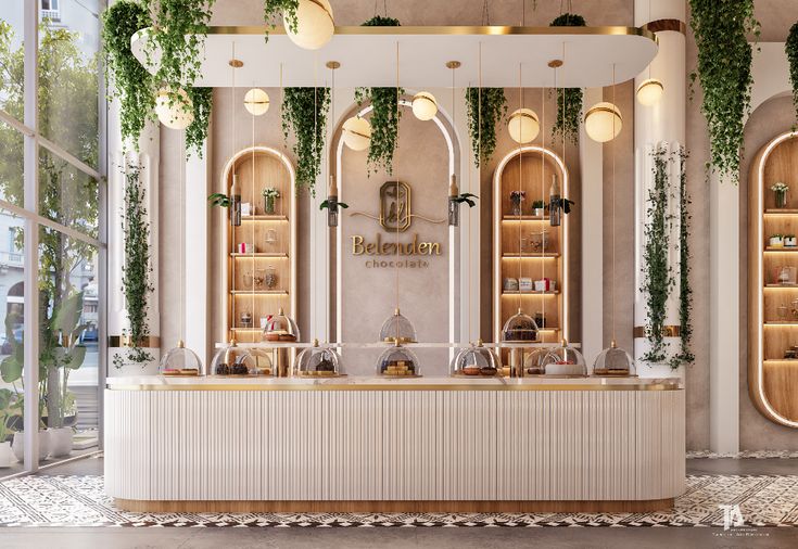 Elegant Modern Cafe Design Emphasizing Warm Colors, Natural Light, and Lush Greenery