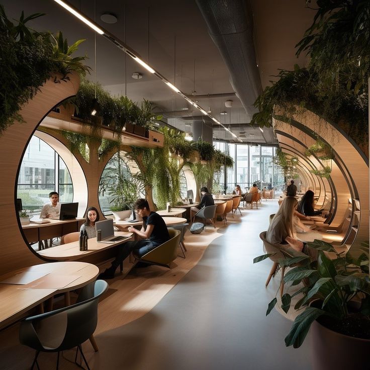 Modern Cafe Design: Embracing Nature with Cozy Workstations and Abundant Light