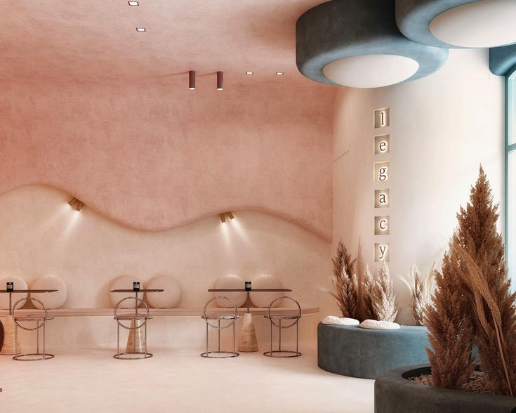 Chic Cafe Design: Cozy Pink Palette, Modern Curves, and Natural Elements Create Inviting Atmosphere