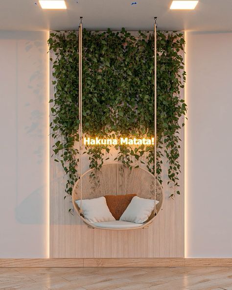 Cozy Cafe Design Featuring Relaxing Hanging Chair and Lush Greenery