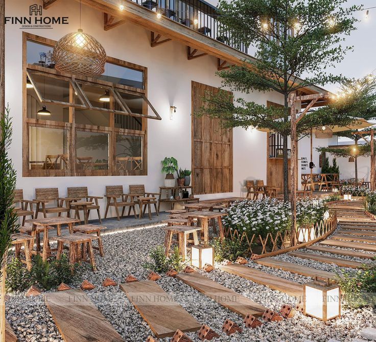 Charming Cafe Design Harmonizing Rustic Outdoor Elements with Contemporary Aesthetics