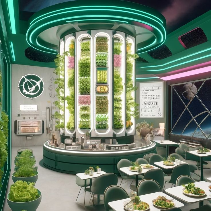 Futuristic Cafe Design Blends Lush Vertical Garden with Modern Furnishings for a Unique Dining Experience