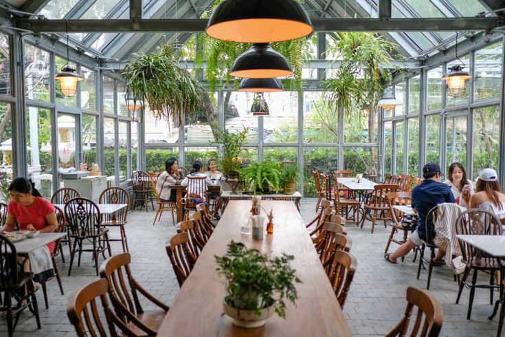 Inviting Cafe Design with Bright Interiors, Rustic Communal Seating, and Lush Greenery