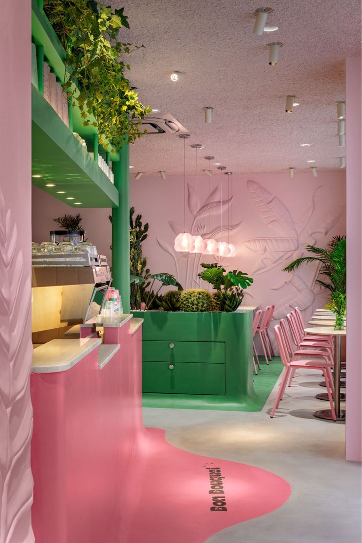 Vibrant Cafe Design with Soft Pinks, Rich Greens, and Playful Modern Elements