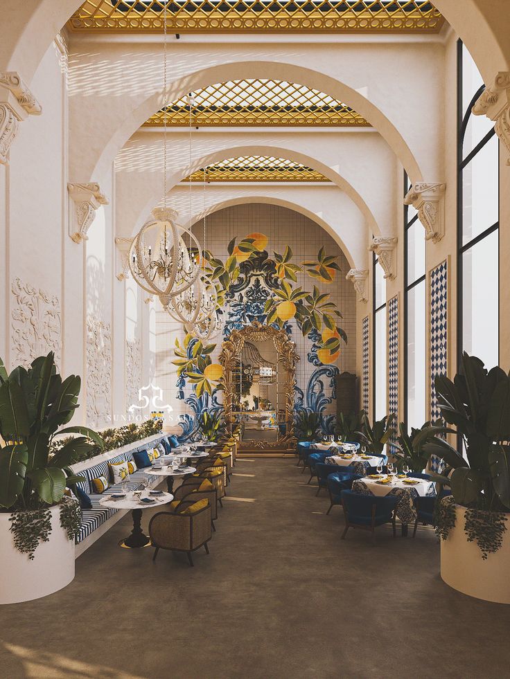 Elegant Cafe Design with Arched Ceilings, Vibrant Murals, and Chic Seating