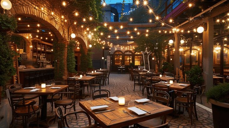 Charming Cafe Design Featuring Cozy Outdoor Courtyard with Rustic Elegance and Ambient Lighting