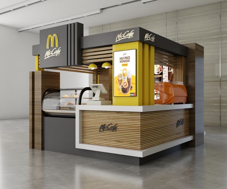 Modern Cafe Design: A Cozy, Vibrant Kiosk with Efficient Layout and Transparent Displays