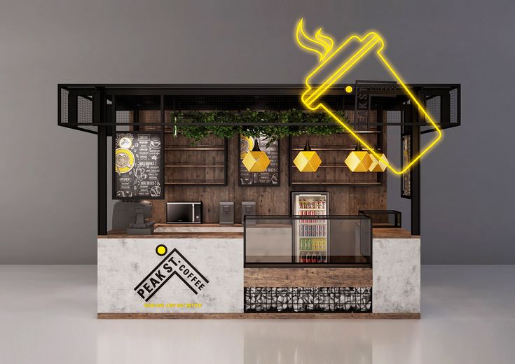 Modern Kiosk-Style Cafe Design: Industrial Meets Rustic with Vibrant Accents and Greenery