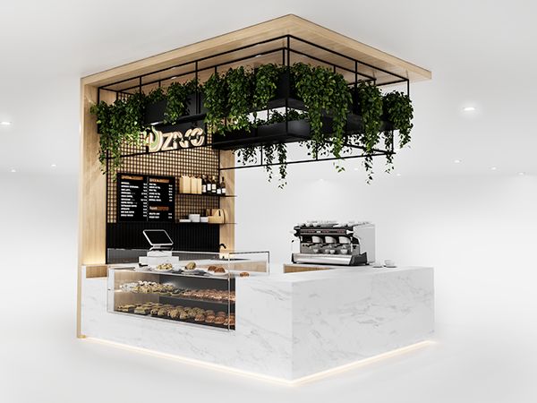 Modern Cafe Design Blends Sleek Marble, Lush Greenery, and Warm Wood for a Cozy Dining Experience