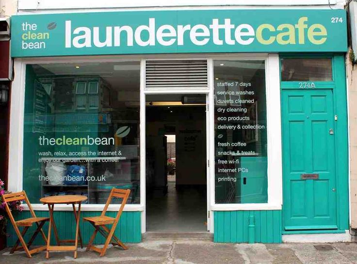 Welcoming Cafe-Laundrette Design: Vibrant Turquoise Charm and Cozy Outdoor Seating