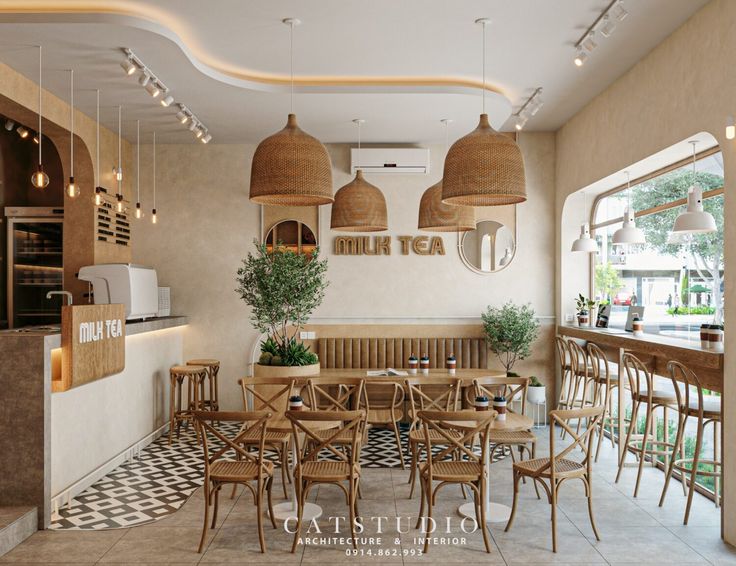 Inviting Cafe Design Blends Modern Elements with Natural Warmth and Stylish Decor