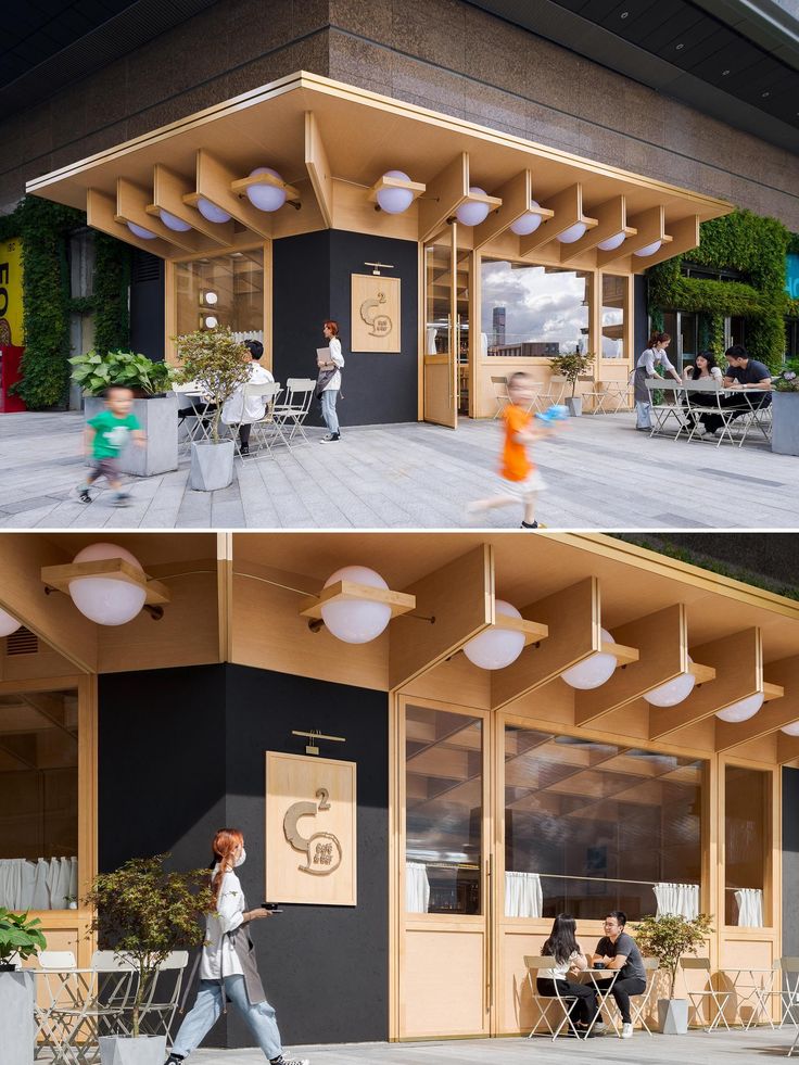 Striking Modern Cafe Design with Angular Canopy, Natural Light, and Inviting Ambiance