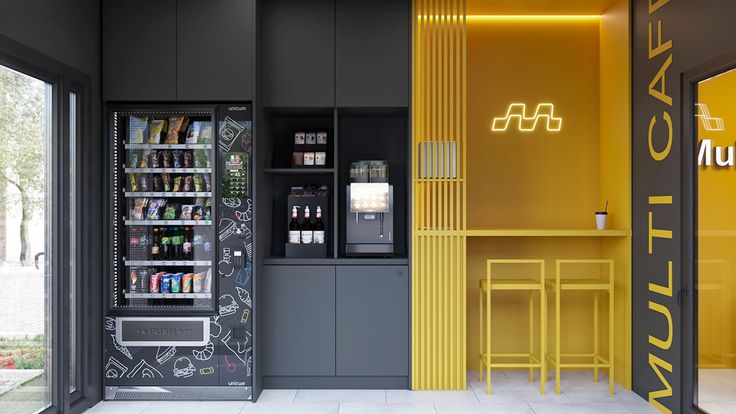 Modern Minimalist Cafe Design with Sleek Black and Vibrant Yellow Accents