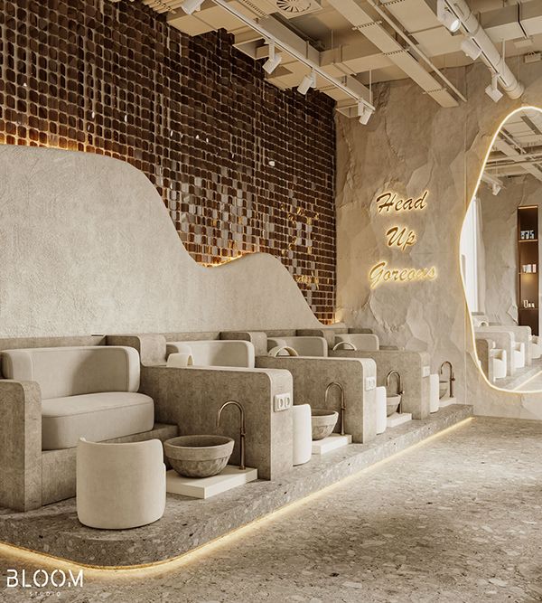 Inviting Modern Cafe Design: A Tranquil Blend of Curves, Neutral Colors, and Elegant Comfort