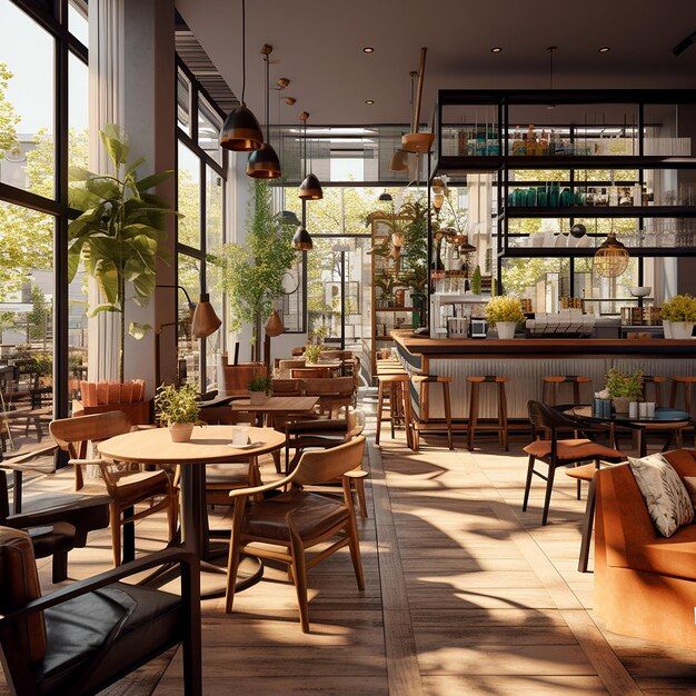 Warm and Inviting Cafe Design with Natural Light, Cozy Furnishings, and Lush Greenery