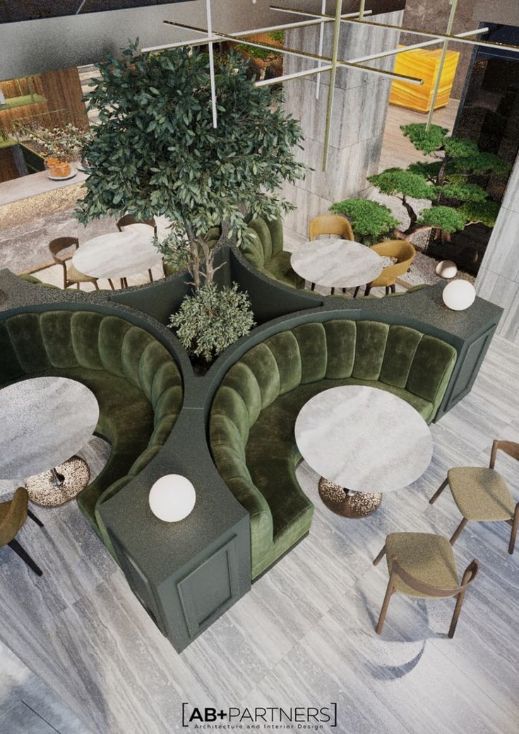 Stylish Cafe Design Featuring Cozy Velvet Seating and Natural Elements