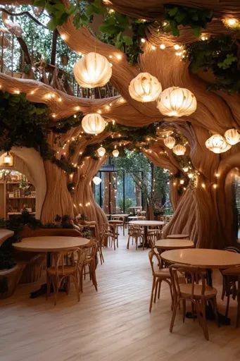 Enchanting Woodland-Inspired Cafe Design for a Serene Dining Experience