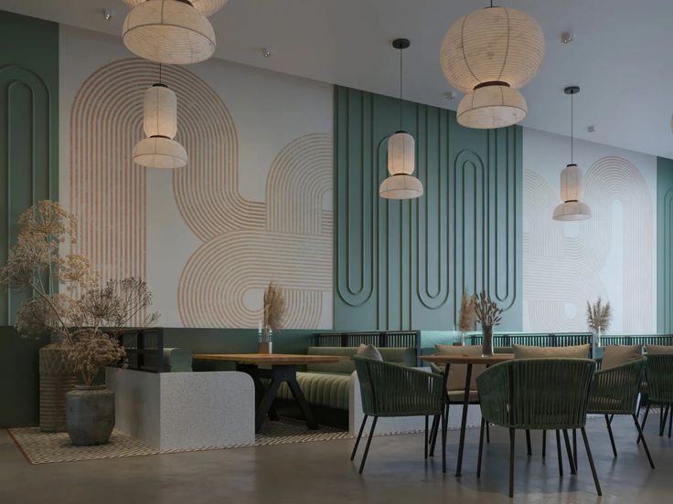 Contemporary Cafe Design: A Calming Space with Muted Colors, Geometric Patterns, and Natural Elements