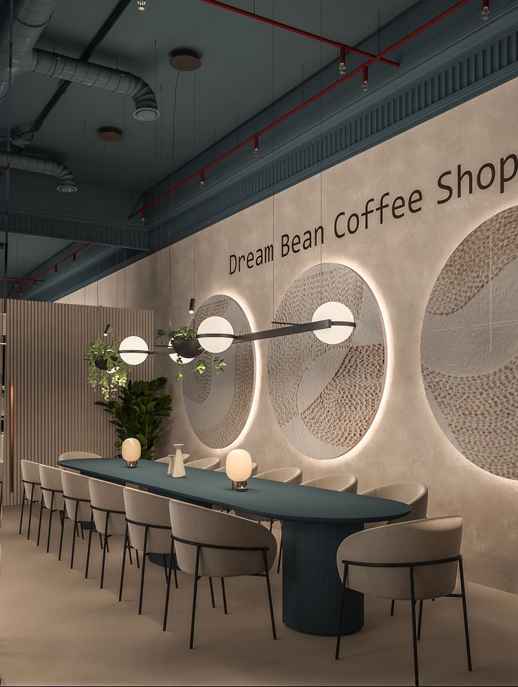 Modern Cafe Design: A Cozy Atmosphere with Sleek Furniture, Artistic Walls, and Inviting Lighting