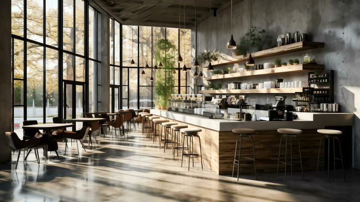 Modern Minimalist Cafe with Natural Light and Industrial-Nature Blend