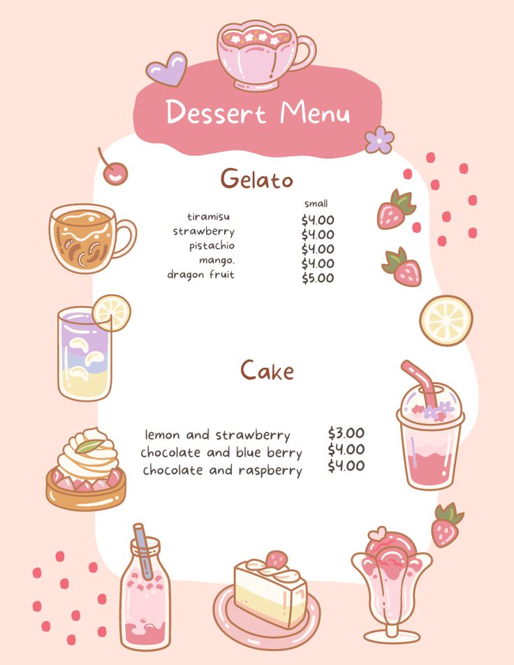 Whimsical Dessert Menu: A Playful Aesthetic with Charming Illustrations and Soft Pastel Colors