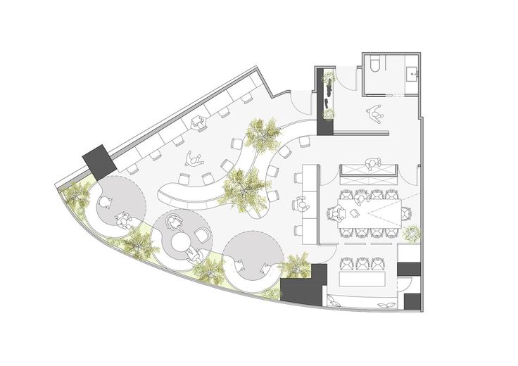 Dynamic Cafe Design: Inviting Layout with Varied Seating, Lush Greenery, and Optimized Flow for Community Engagement