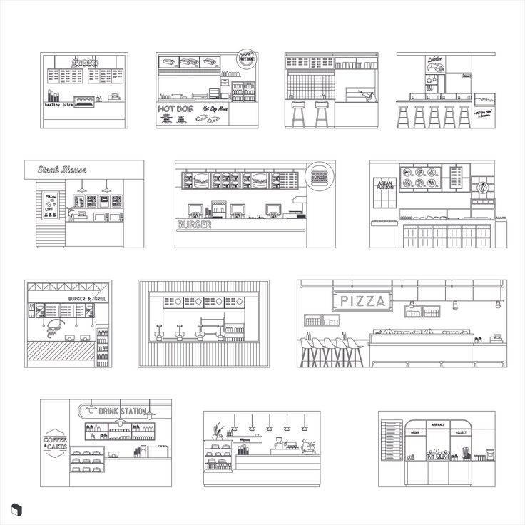 Modern Monochromatic Cafe Designs Featuring Functional Layouts for Fast Food and Drink Stations