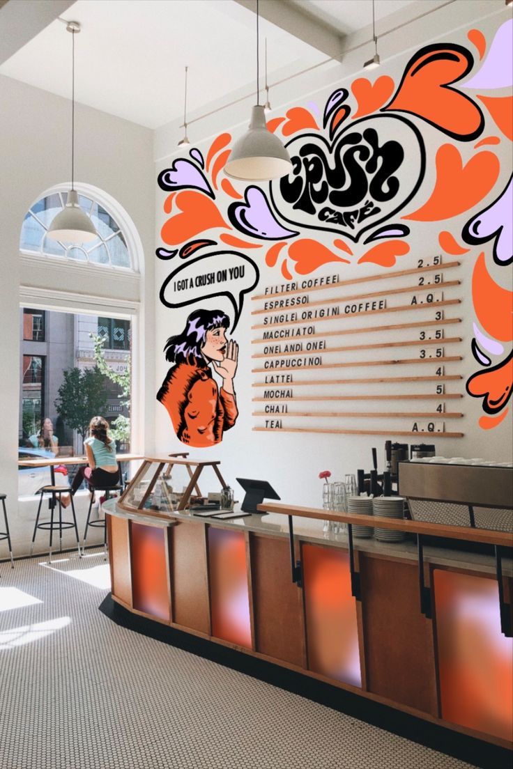 Bright and Inviting Cafe Design with Vibrant Mural and Cozy Social Layout