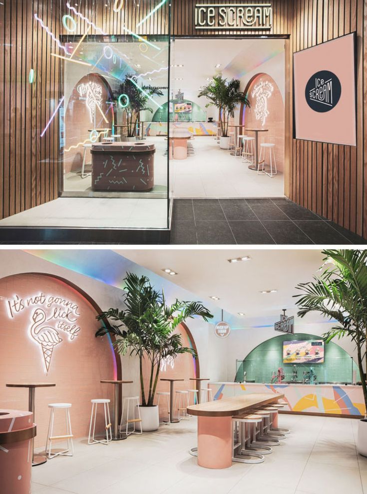 Playful Cafe Design: Vibrant Atmosphere with Modern Aesthetic and Diverse Seating