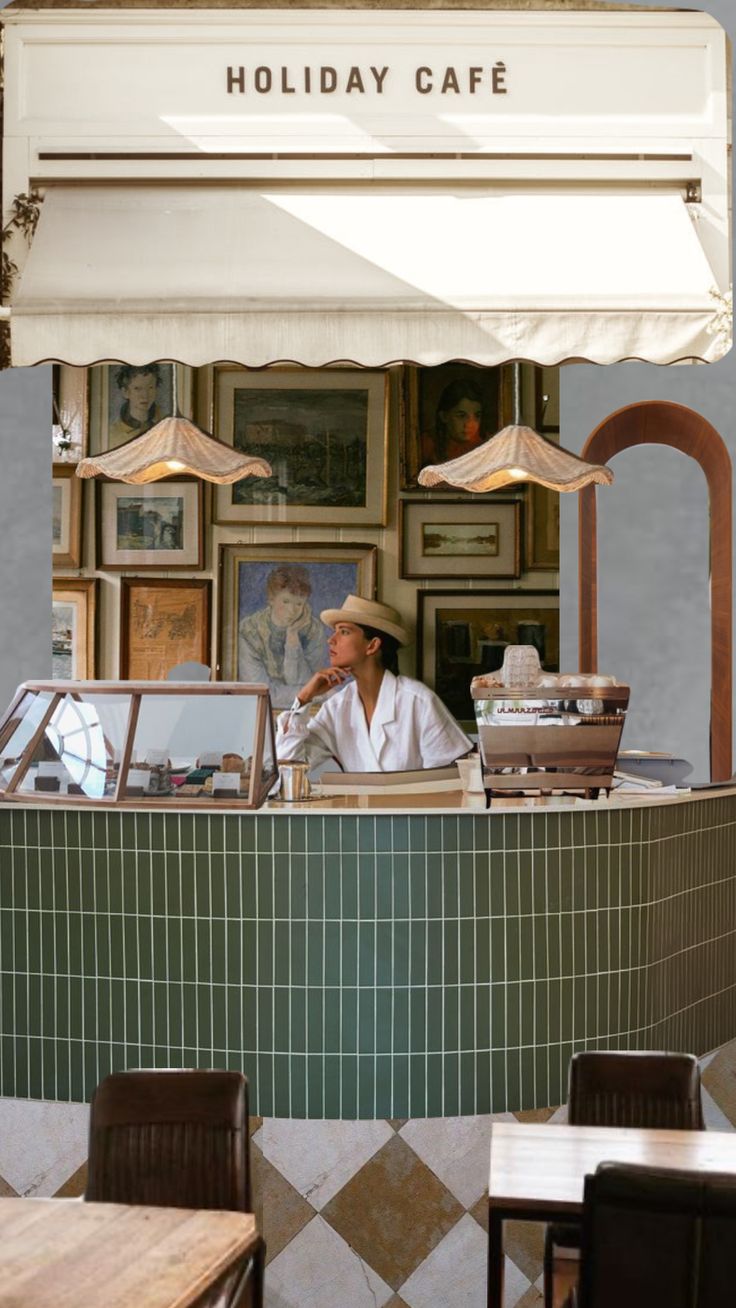 Charming Cafe Design with Curved Green-Tiled Counter, Eclectic Art Gallery, and Cozy Vintage Lighting