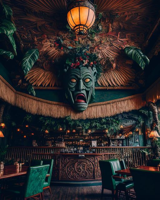 Vibrant Cafe Design Evokes Tropical Paradise with Oversized Tiki Mask and Lush Ambiance