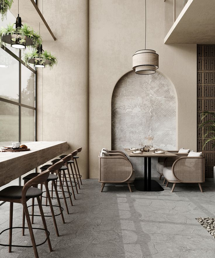 Sophisticated Cafe Design Blends Natural Textures with Modern Aesthetics for a Warm and Inviting Atmosphere