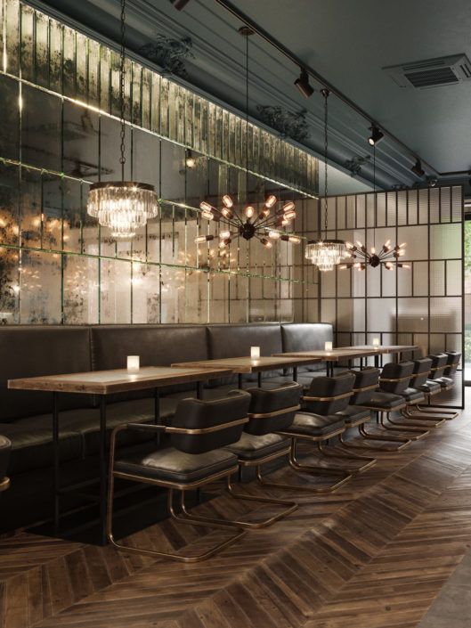 Sophisticated cafe design harmonizes modern elegance with warm materials and thoughtful lighting