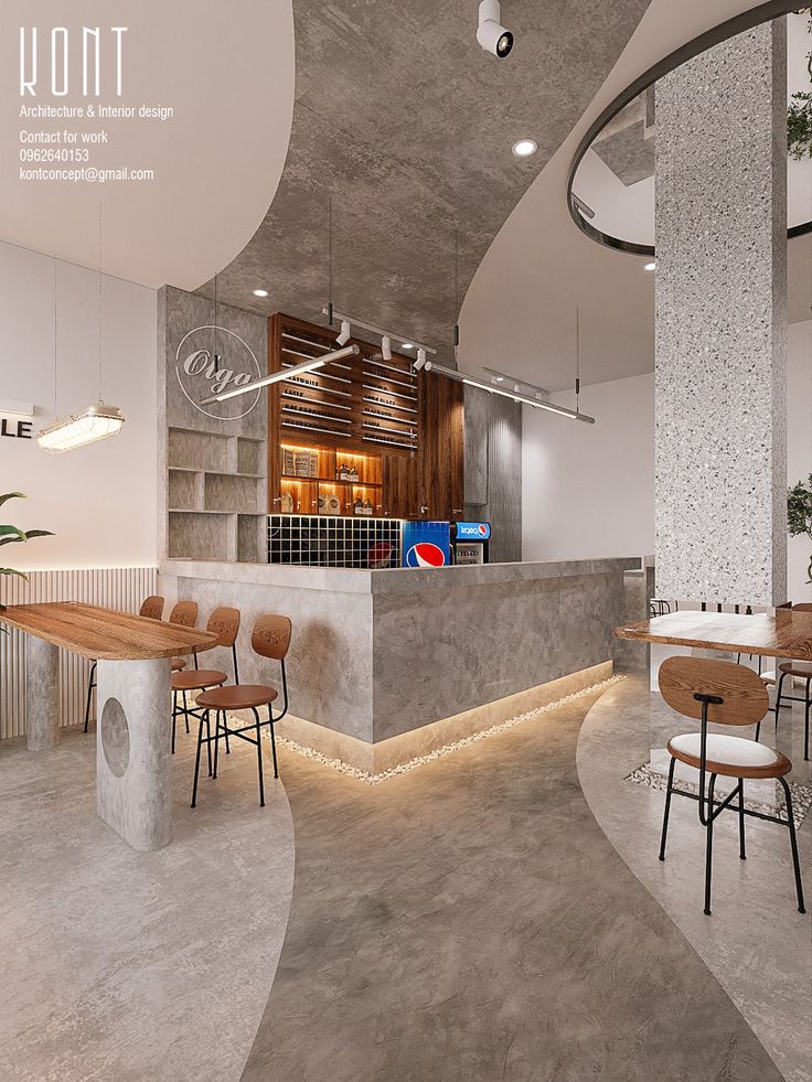 Modern Cafe Design: A Harmonious Blend of Concrete and Warm Wood Elements