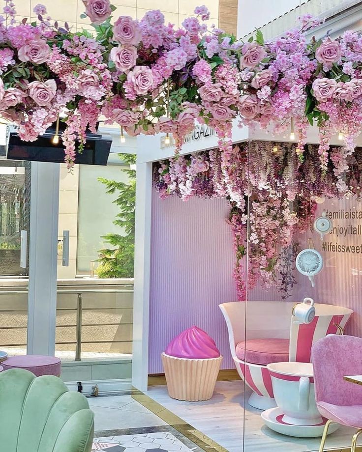 Whimsical Cafe Design with Vibrant Floral Decor and Playful Elements