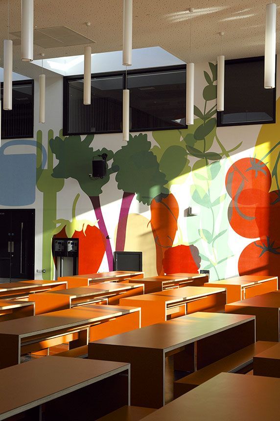 Vibrant Cafe Design with Playful Murals and Inviting Atmosphere