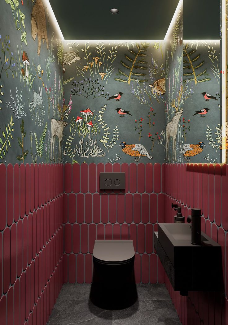 Whimsical Cafe Restroom Blends Playful Design with Natural Motifs