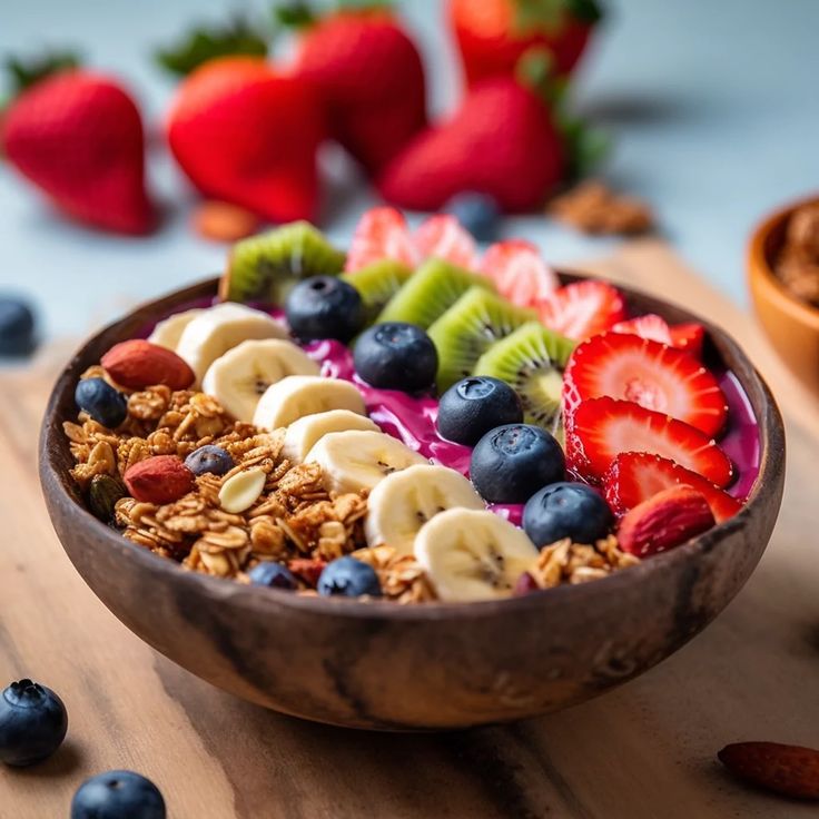 Vibrant Bowl of Fresh Fruit, Granola, and Yogurt: A Trendy Health-Focused Delight