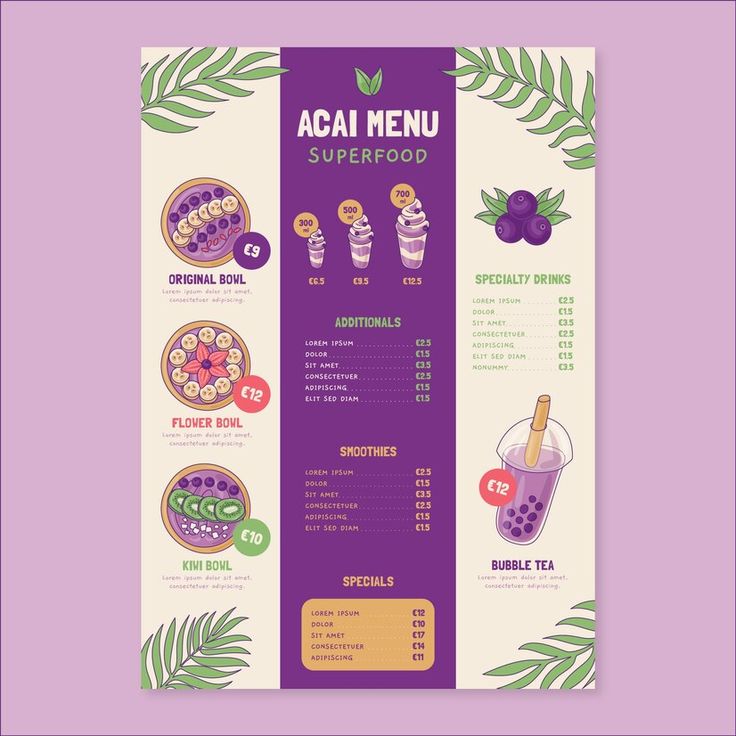 Vibrant Cafe Menu Design Showcasing Fresh and Nutritious Superfood Offerings