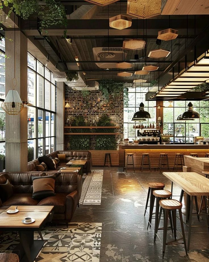 Inviting Cafe Design Blending Industrial Decor with Natural Light and Cozy Spaces