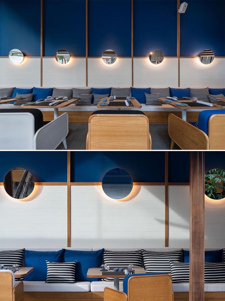 Modern Cafe Design: Striking Blue and White Aesthetic with Warm Wood Accents and Inviting Atmosphere