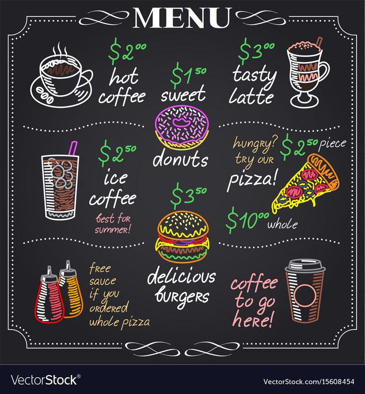 Charming Chalkboard Cafe Design: Whimsical Menu Layout with Hand-Drawn Illustrations and Vibrant Colors