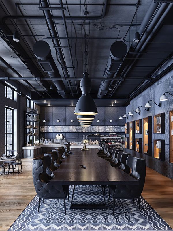 Modern Industrial Cafe Design: A Harmonious Blend of Dark Materials and Warm Accents