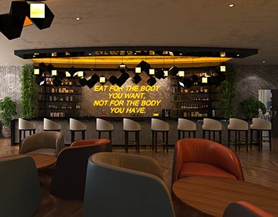 Modern Cafe Design: Sleek Interiors, Stylish Bar, and Inviting Atmosphere