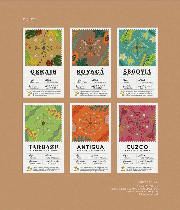 Artisanal Labels Celebrate Coffee Regions with Vibrant Designs and Cultural Essence